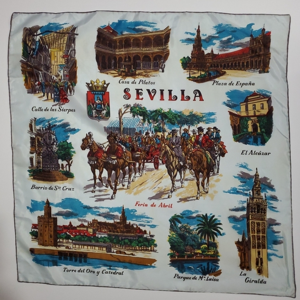 Vintage Souvenir Scarf SEVILLE SPAIN LANDMARKS Large 30" SQUARE